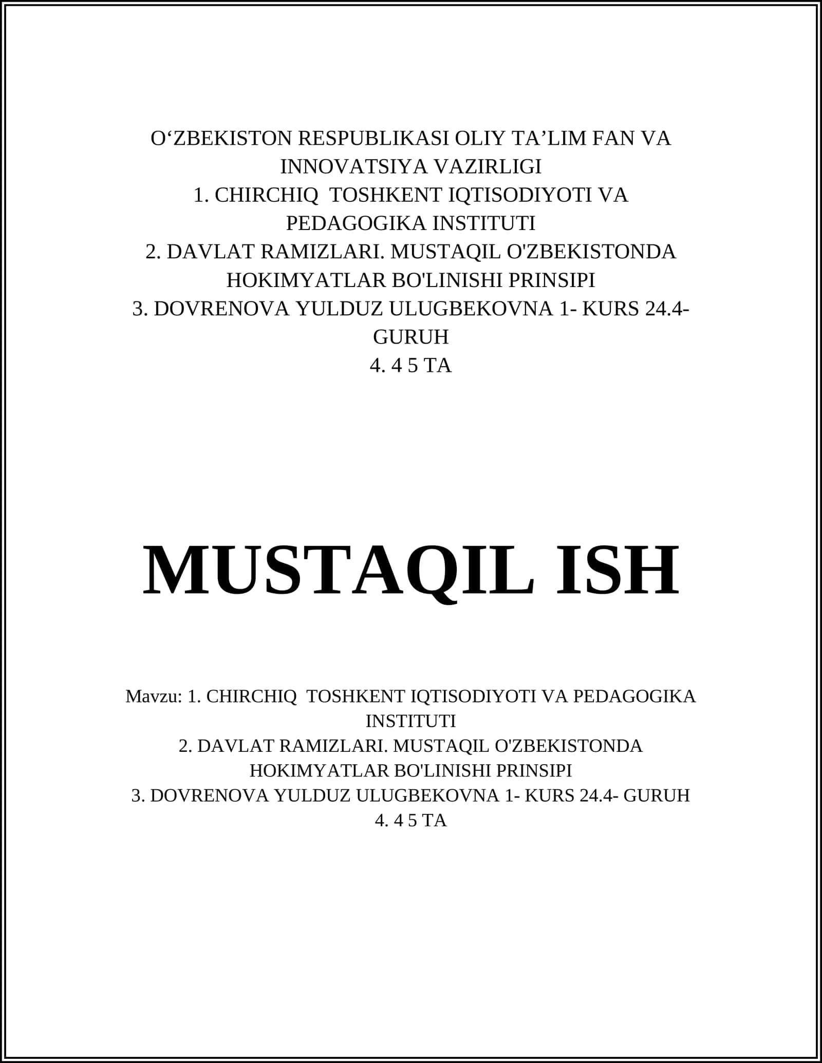 CHIRCHIQ TOSHKENT IQTISODIYOTI VA PEDAGOGIKA INSTITUTI