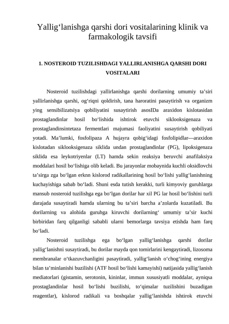 NOSTEROID TUZILISHDAGI YALLIRLANISHGA QARSHI DORI VOSITALARI