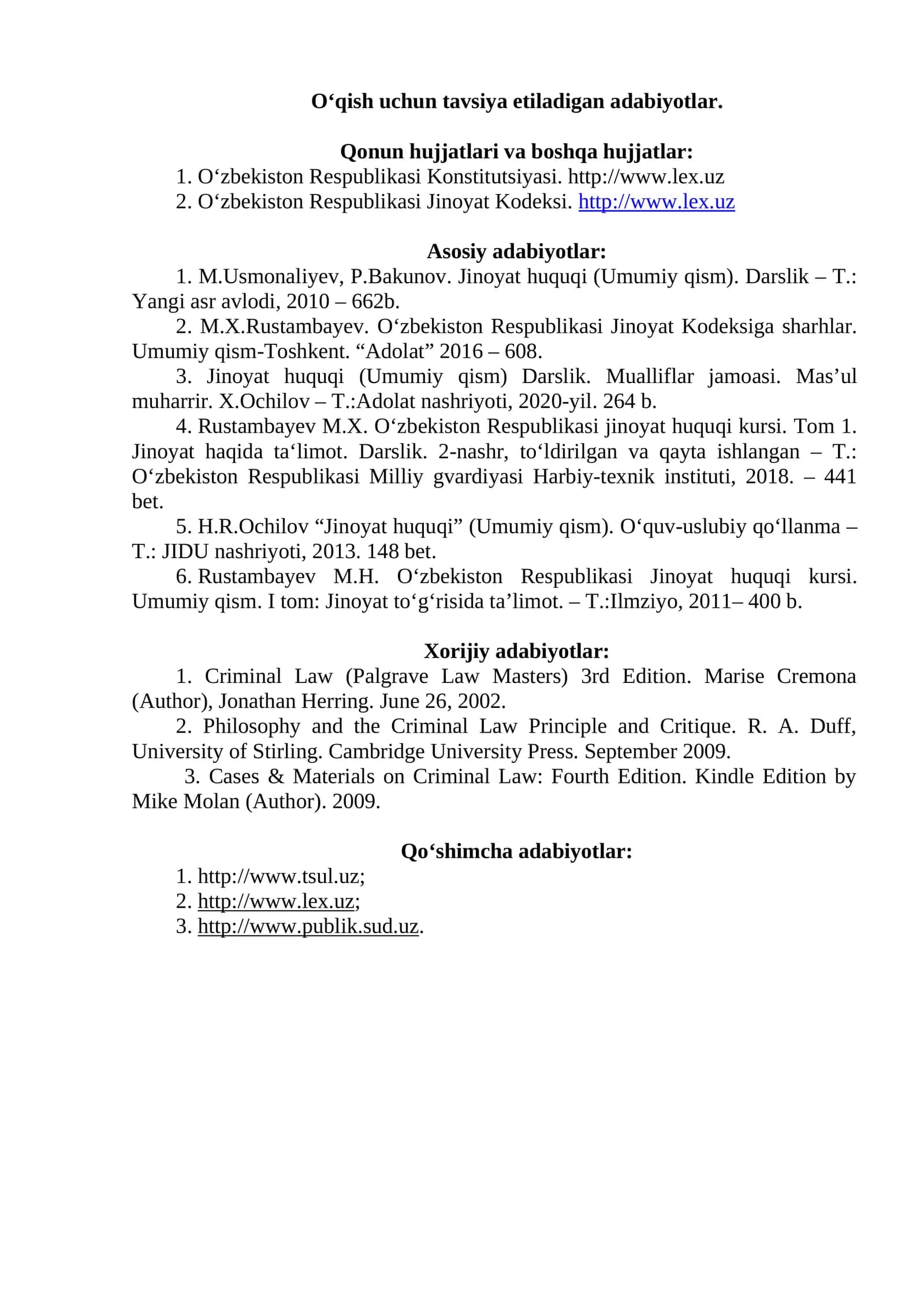 Oʻqish uchun tavsiya etiladigan adabiyotlar