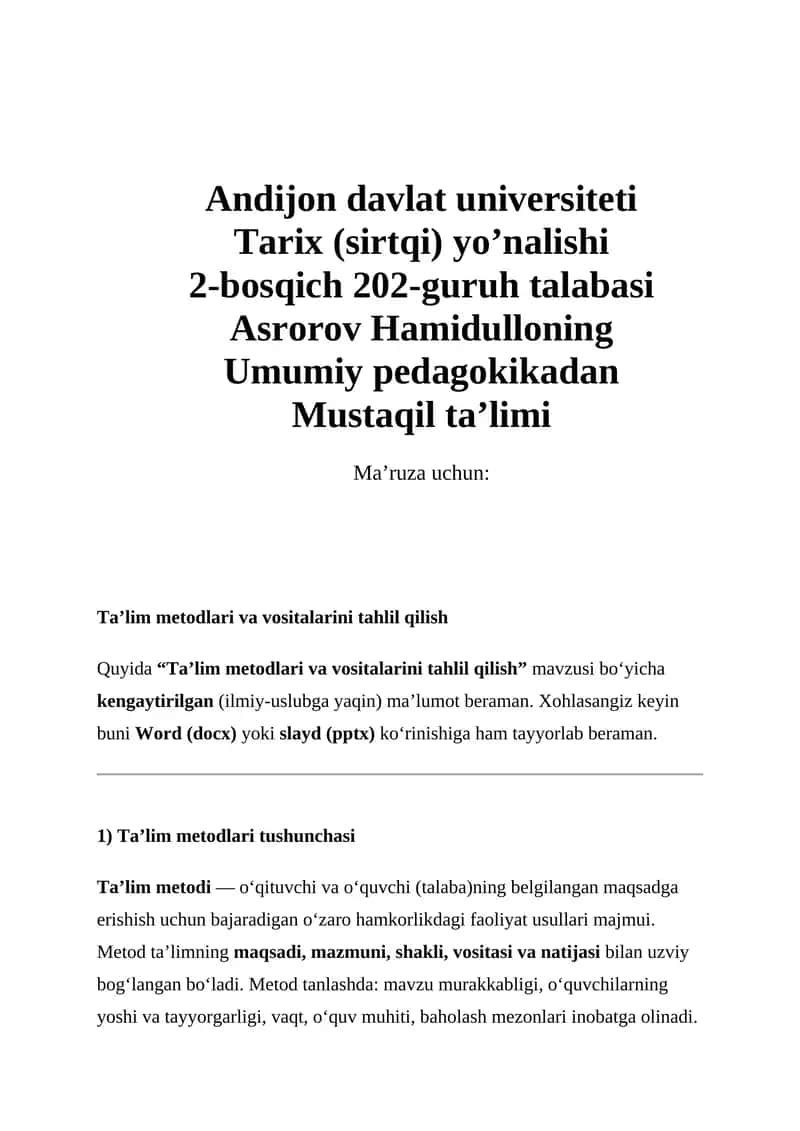 Ta'lim metodlari va vositalarini tahlil qilish