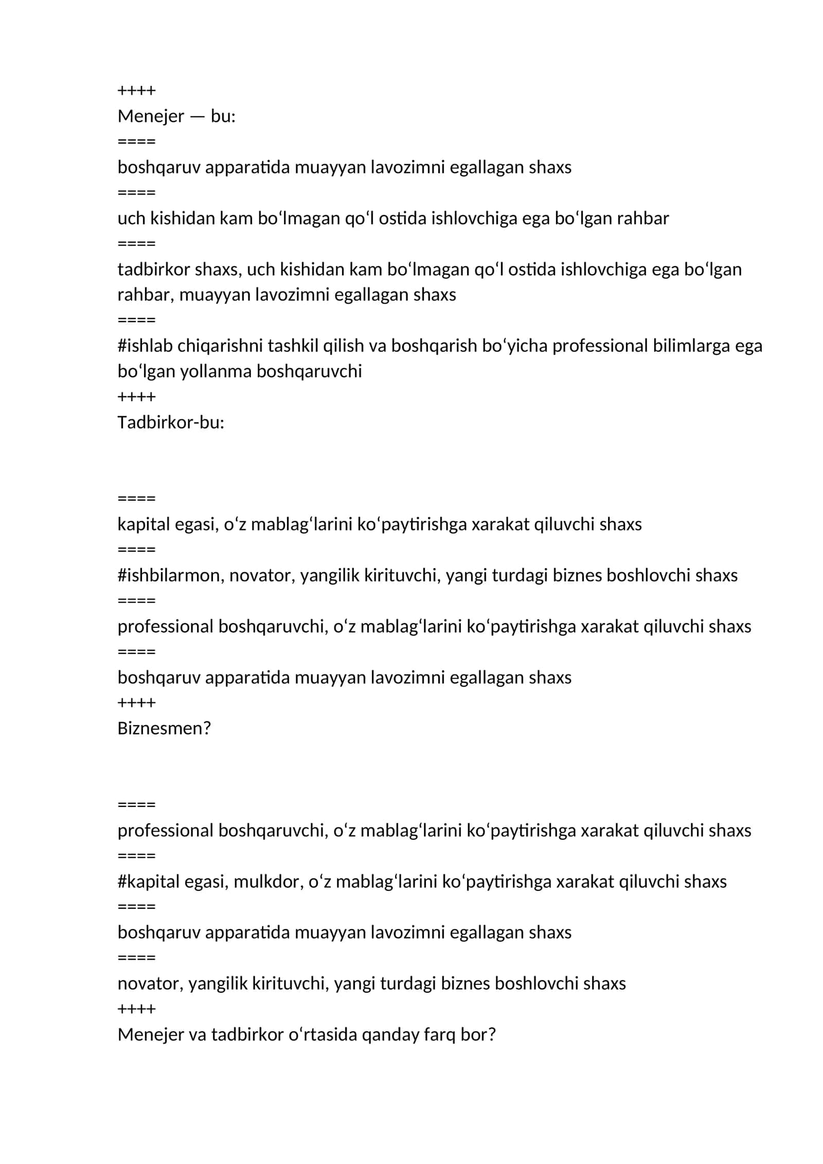 biznesda boshqaruv hisobi fanidan yakuniy savollari testlari