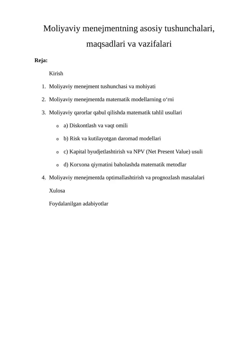Moliyaviy menejmentning asosiy tushunchalari, maqsadlari va vazifalari