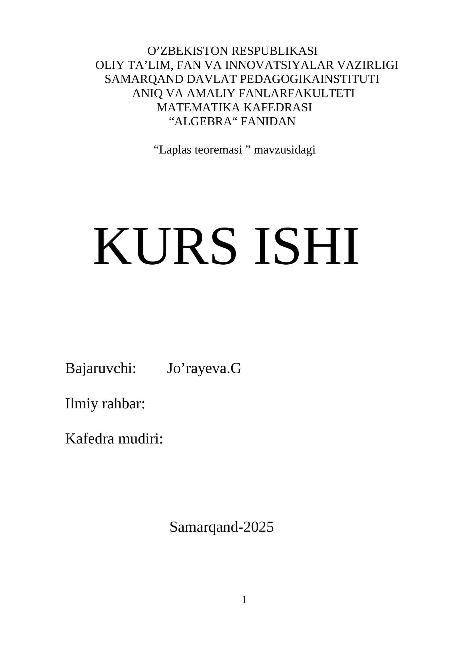 “Laplas teoremasi ” mavzusidagi KURS ISHI