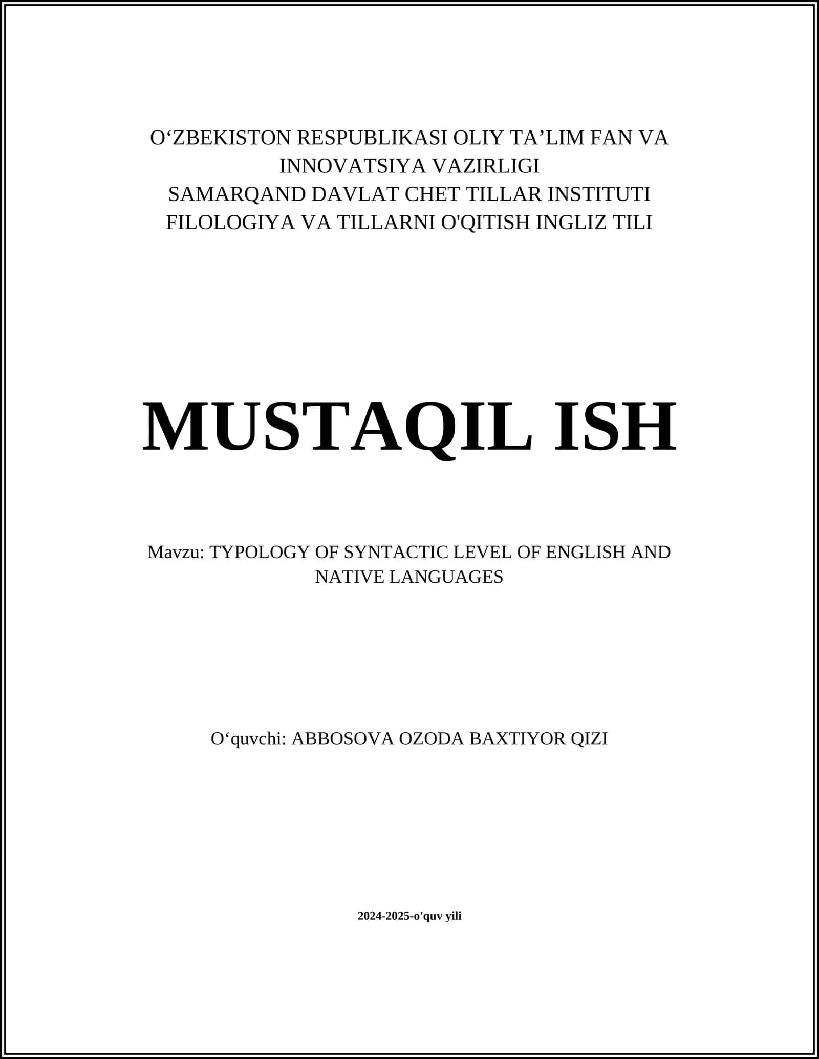 TYPOLOGY OF SYNTACTIC LEVEL OF ENGLISH AND NATIVE LANGUAGES