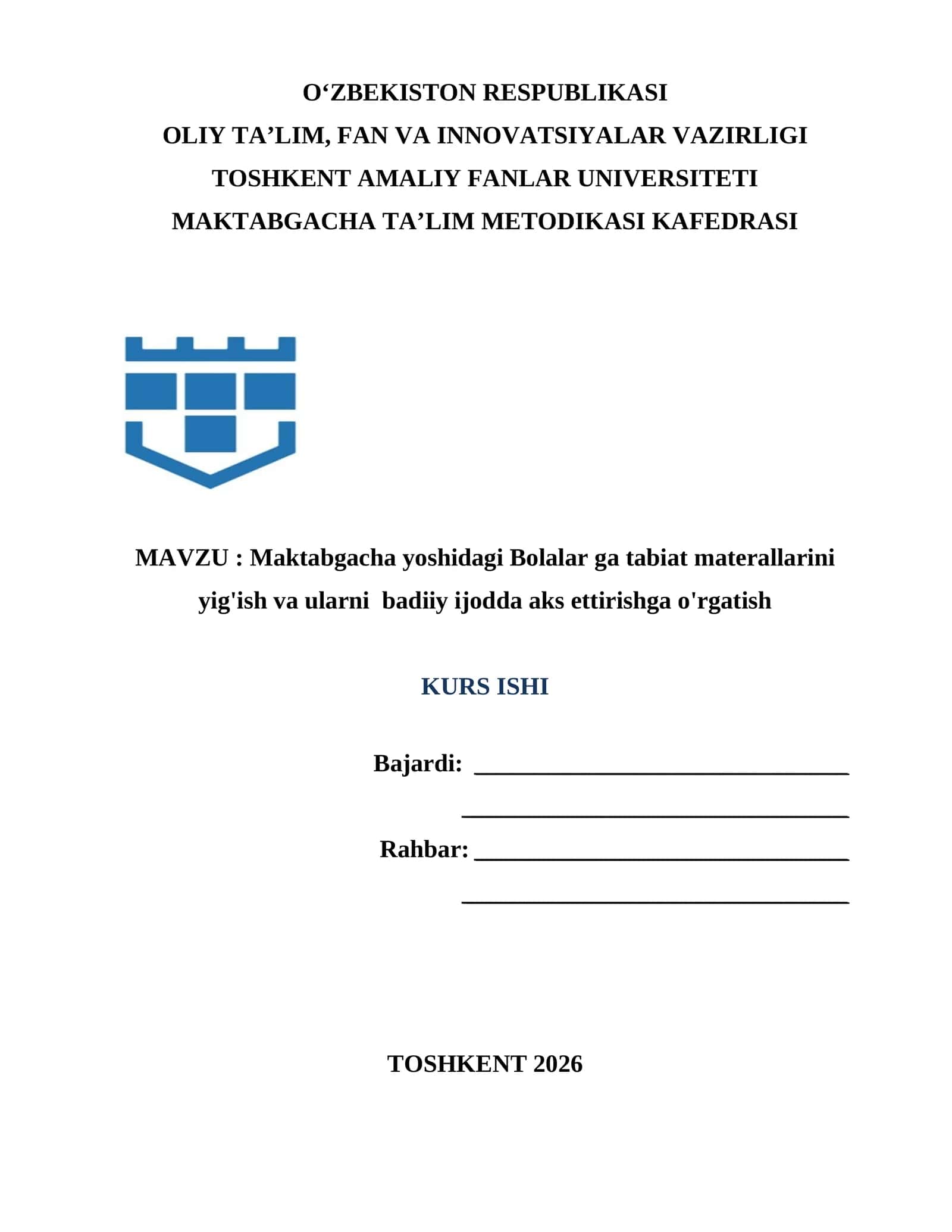 Maktabgacha yoshidagi Bolalar ga tabiat materallarini yig'ish va ularni badiiy ijodda aks ettirishga o'rgatish