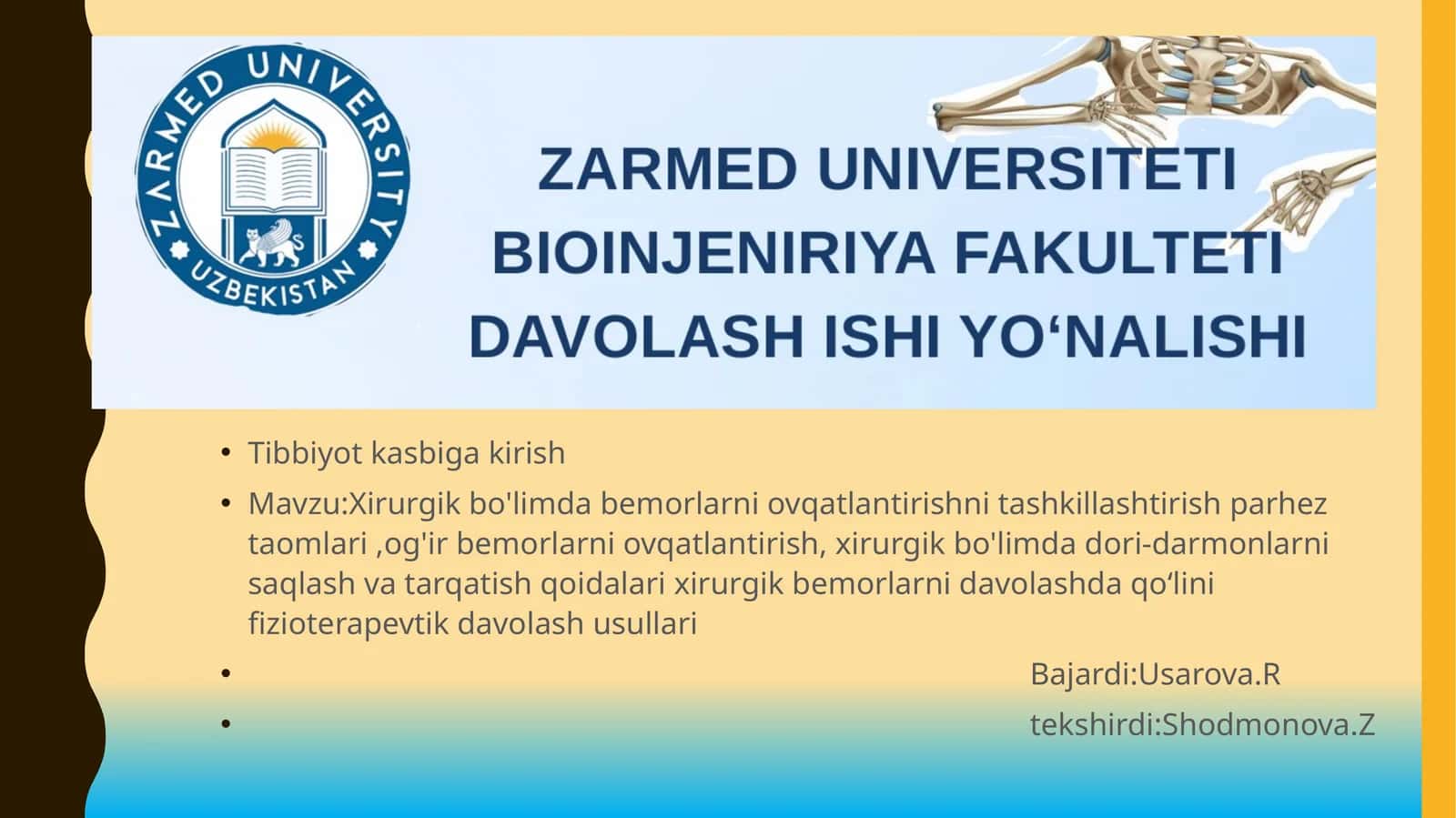 Xirurgik bo'limda bemorlarni ovqatlantirishni tashkillashtirish
