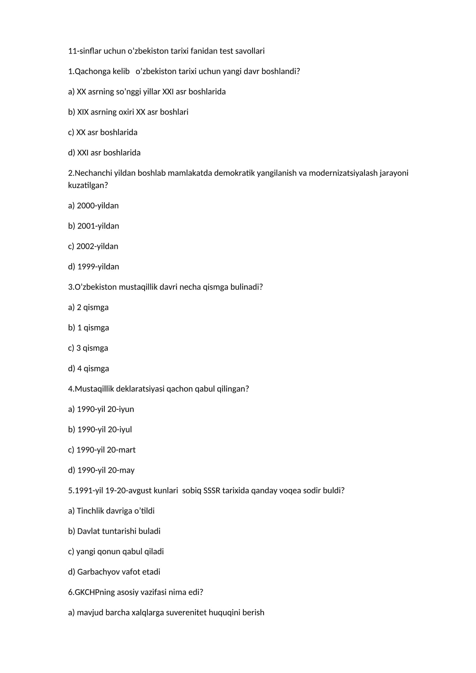 11-sinflar uchun o’zbekiston tarixi fanidan test savollari