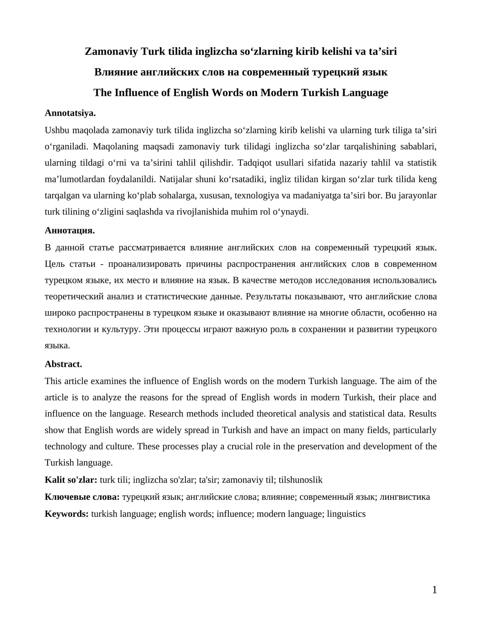Zamonaviy Turk tilida inglizcha so‘zlarning kirib kelishi va ta’siri
