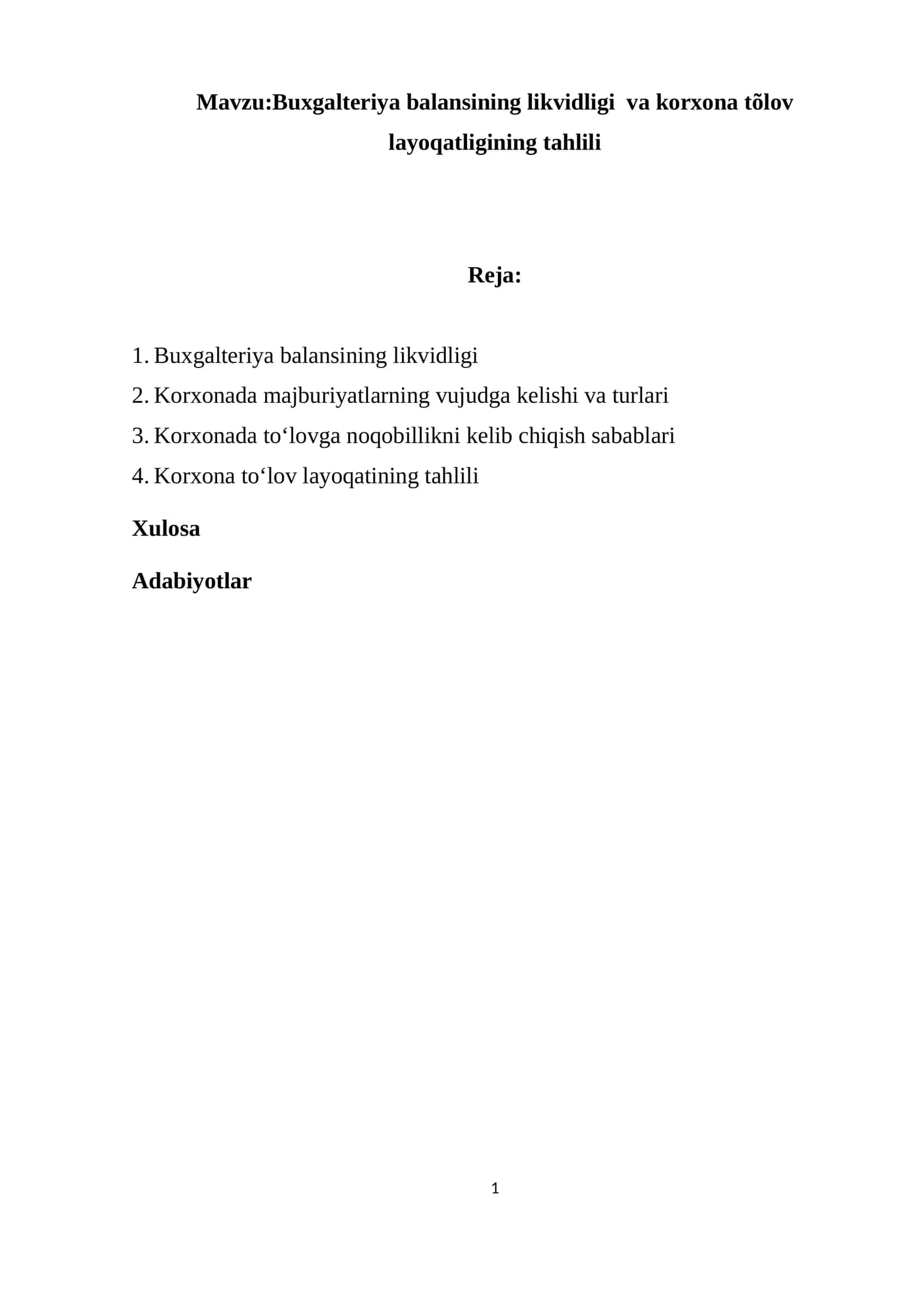 Buxgalteriya balansining likvidligi va korxona tõlov layoqatligining tahlili