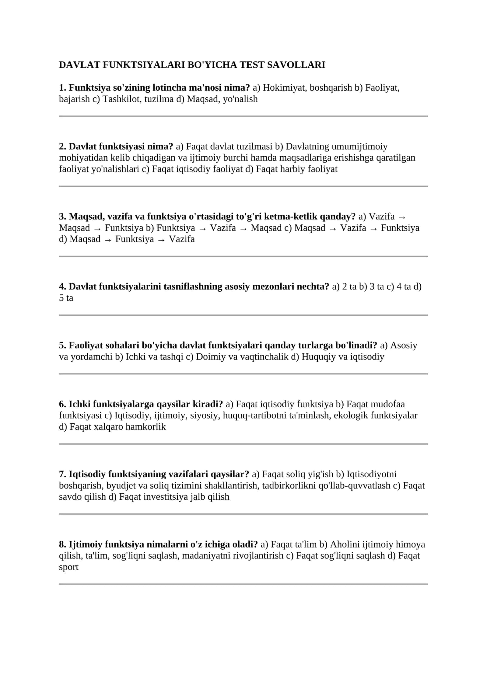 Davlat Funktsionalari Bo'yicha Test Savollari