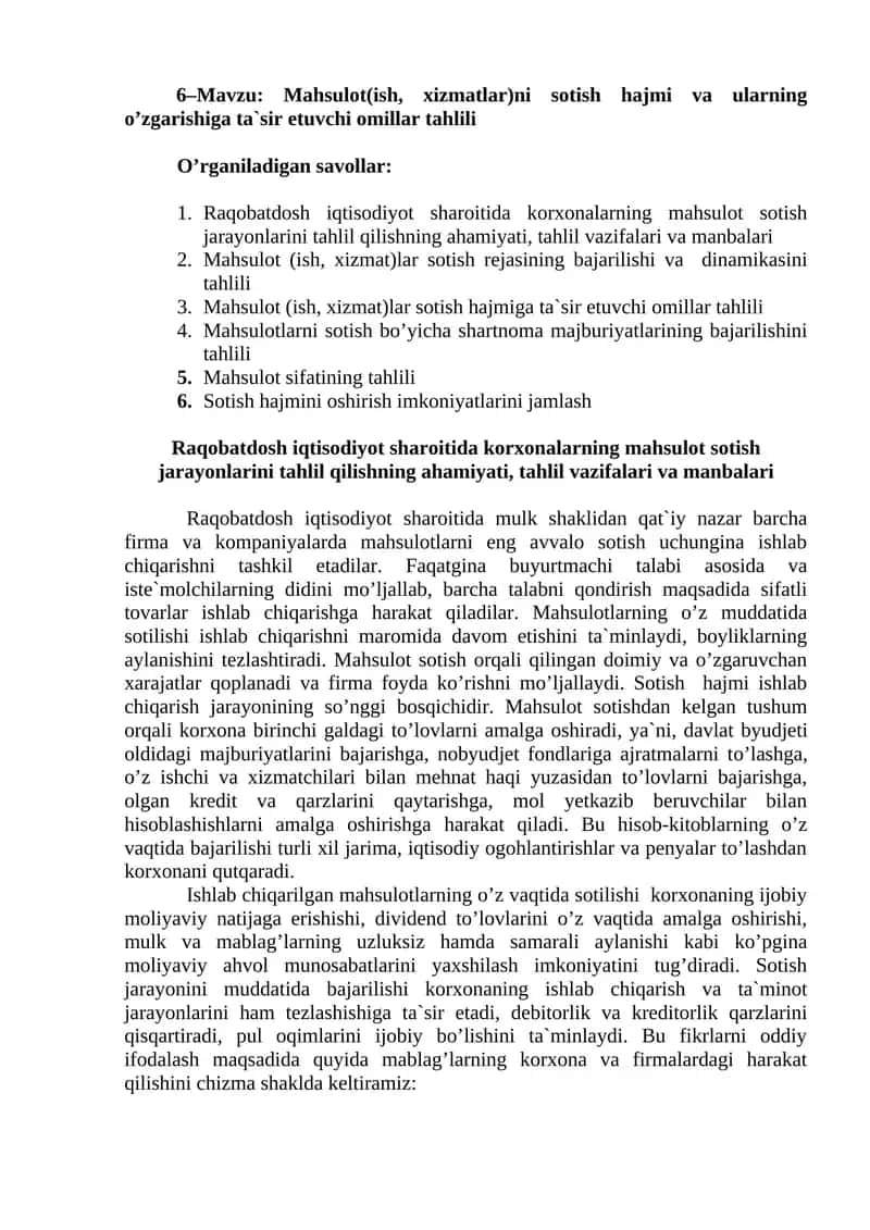 Mahsulоt(ish, xizmatlar)ni sоtish hajmi va ularning o’zgarishiga ta`sir etuvchi оmillar tahlili