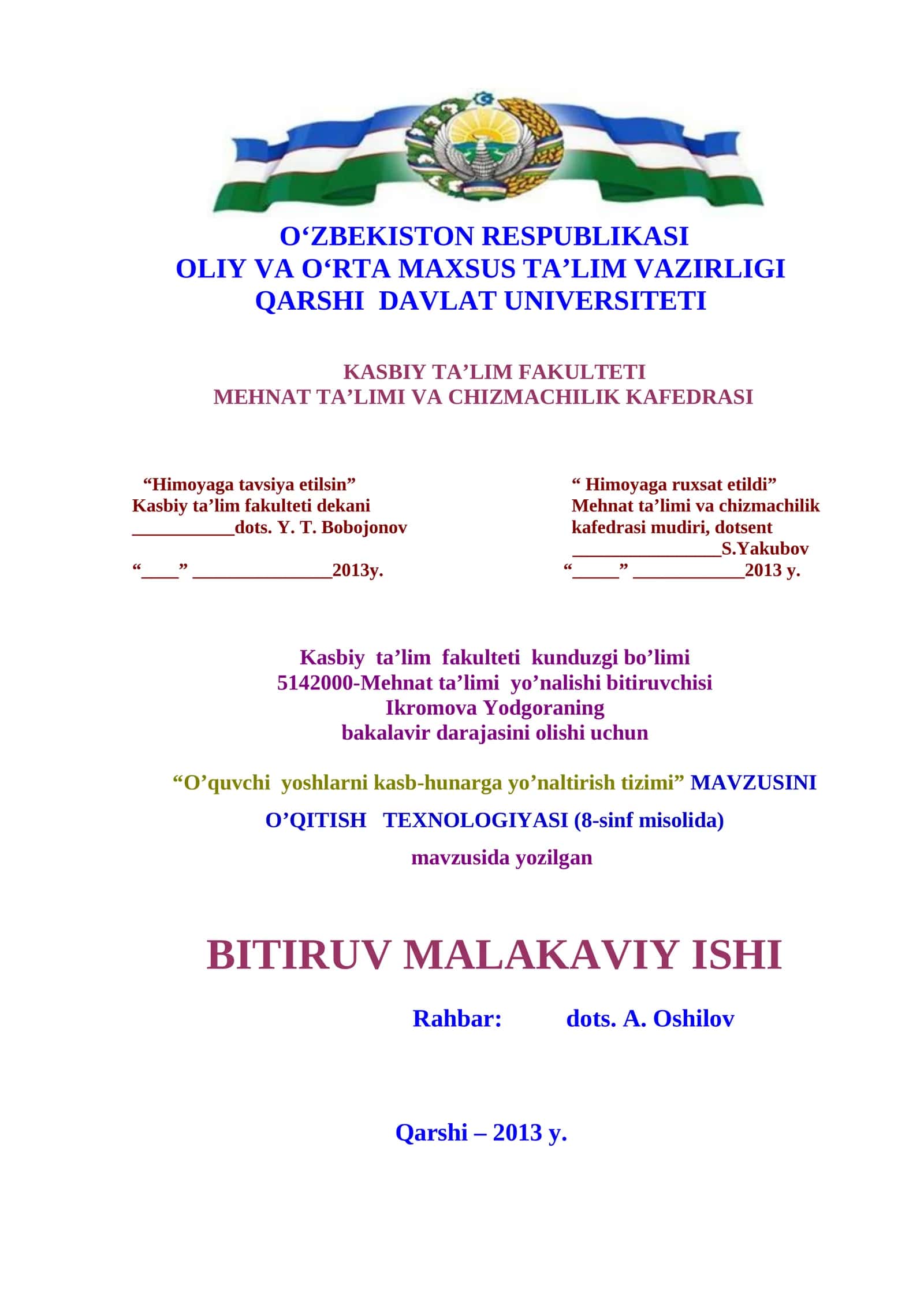 “O’quvchi yoshlarni kasb-hunarga yo’naltirish tizimi” MAVZUSINI O’QITISH TEXNOLOGIYASI (8-sinf misolida)