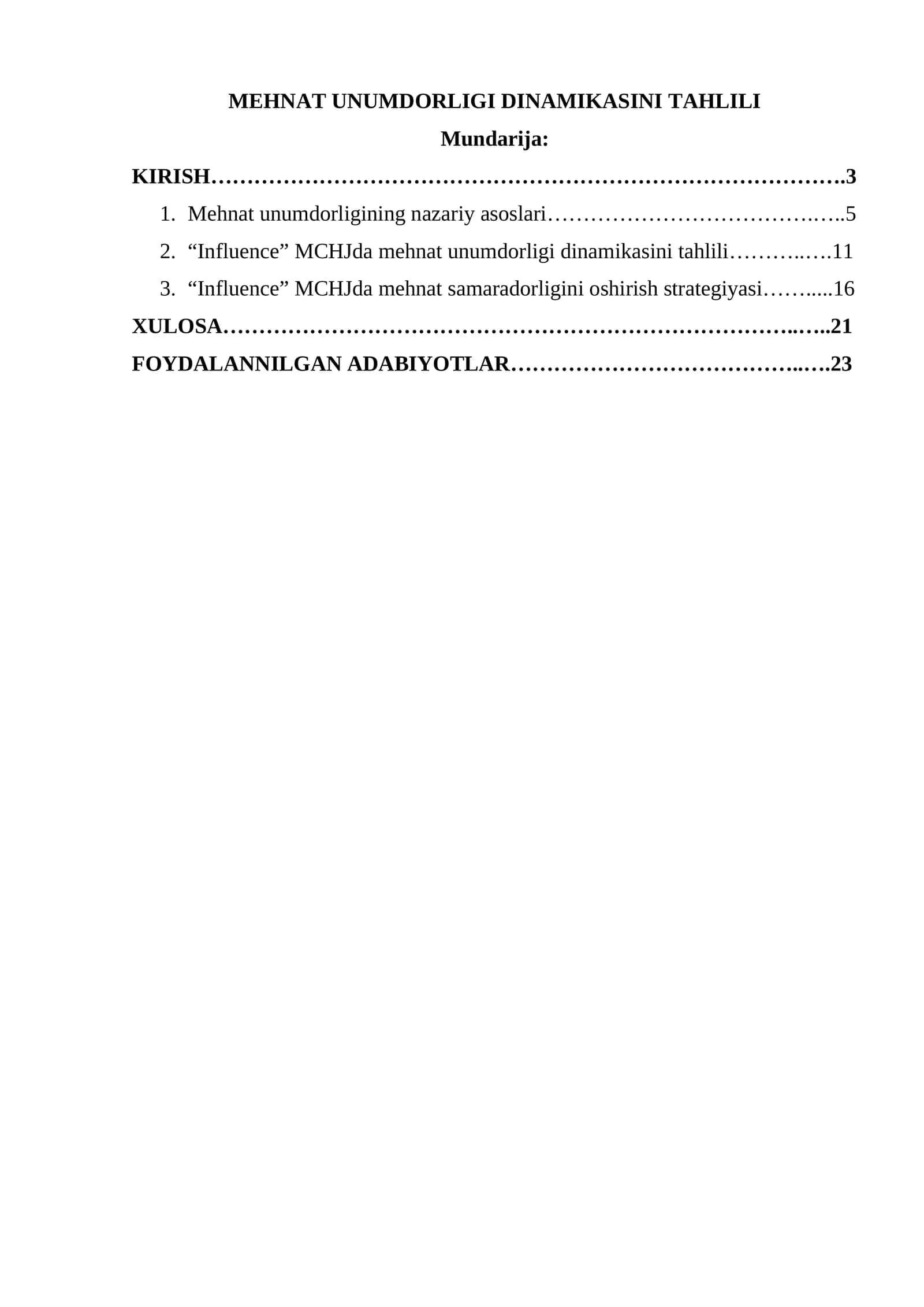 MEHNAT UNUMDORLIGI DINAMIKASINI TAHLILI