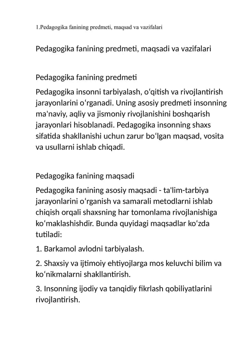 pedagogika javoblar