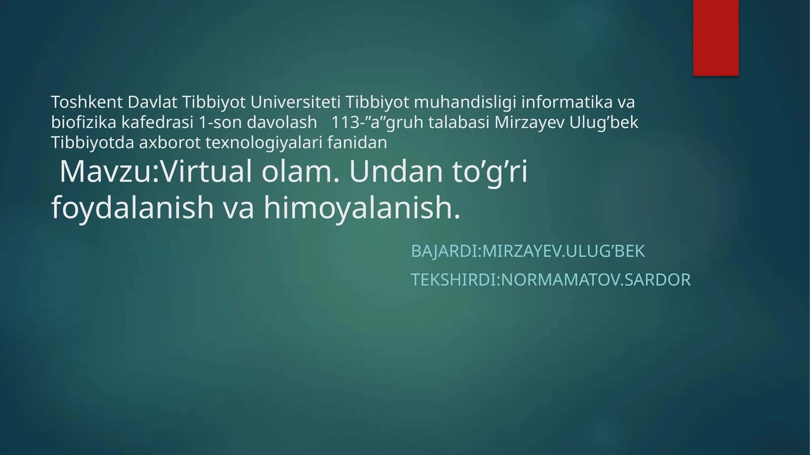 Virtual olam. Undan to'g'ri foydalanish va himoyalanish
