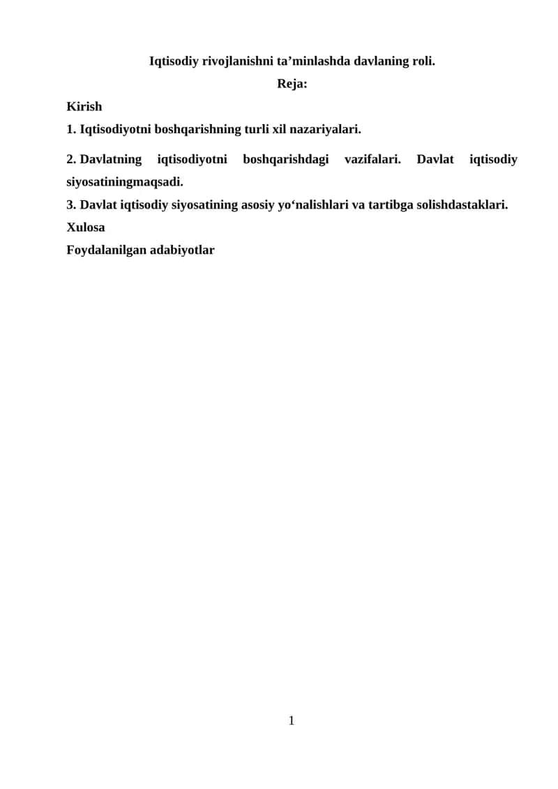 Iqtisodiy rivojlanishni ta’minlashda davlaning roli