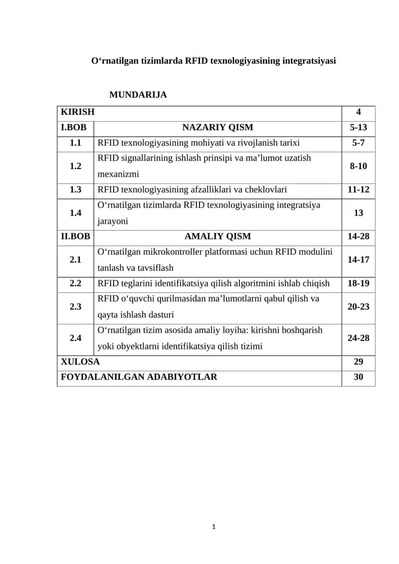 O‘rnatilgan tizimlarda RFID texnologiyasining integratsiyasi