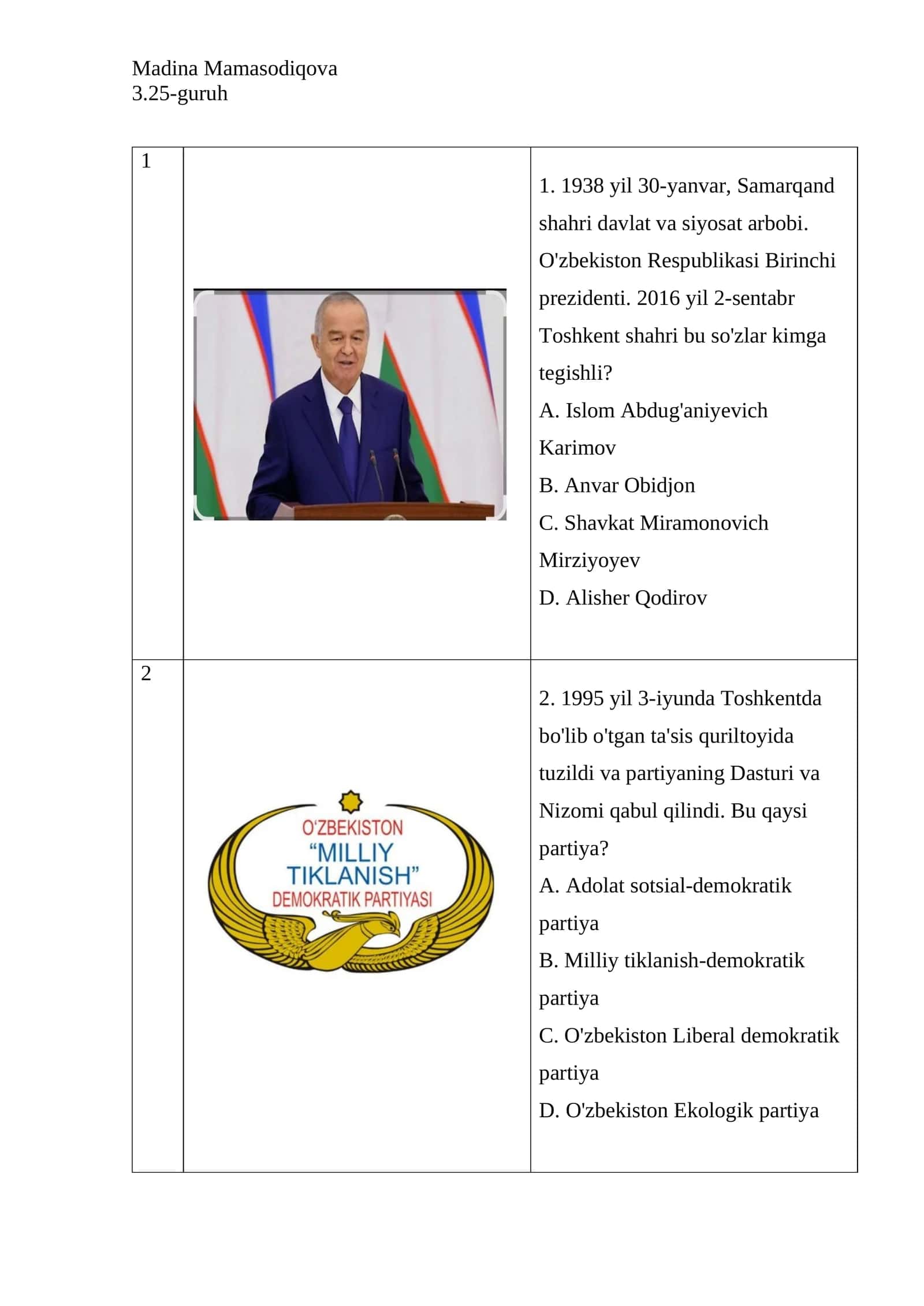 1938 yil 30-yanvar, Samarqand shahri davlat va siyosat arbobi. O'zbekiston Respublikasi Birinchi prezidenti. 2016 yil 2-sentabr Toshkent shahri bu so'zlar kimga tegishli?