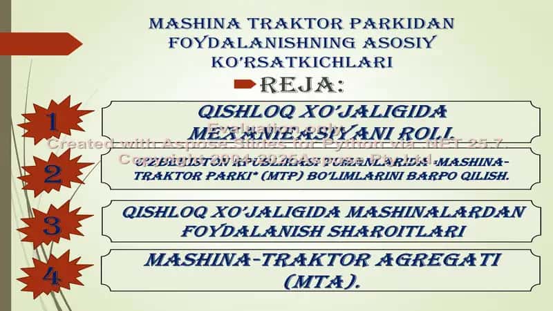 MASHINA-TRAKTOR PARKIDAN FOYDALANISHNING ASOSIY KO’RSATKICHLARI