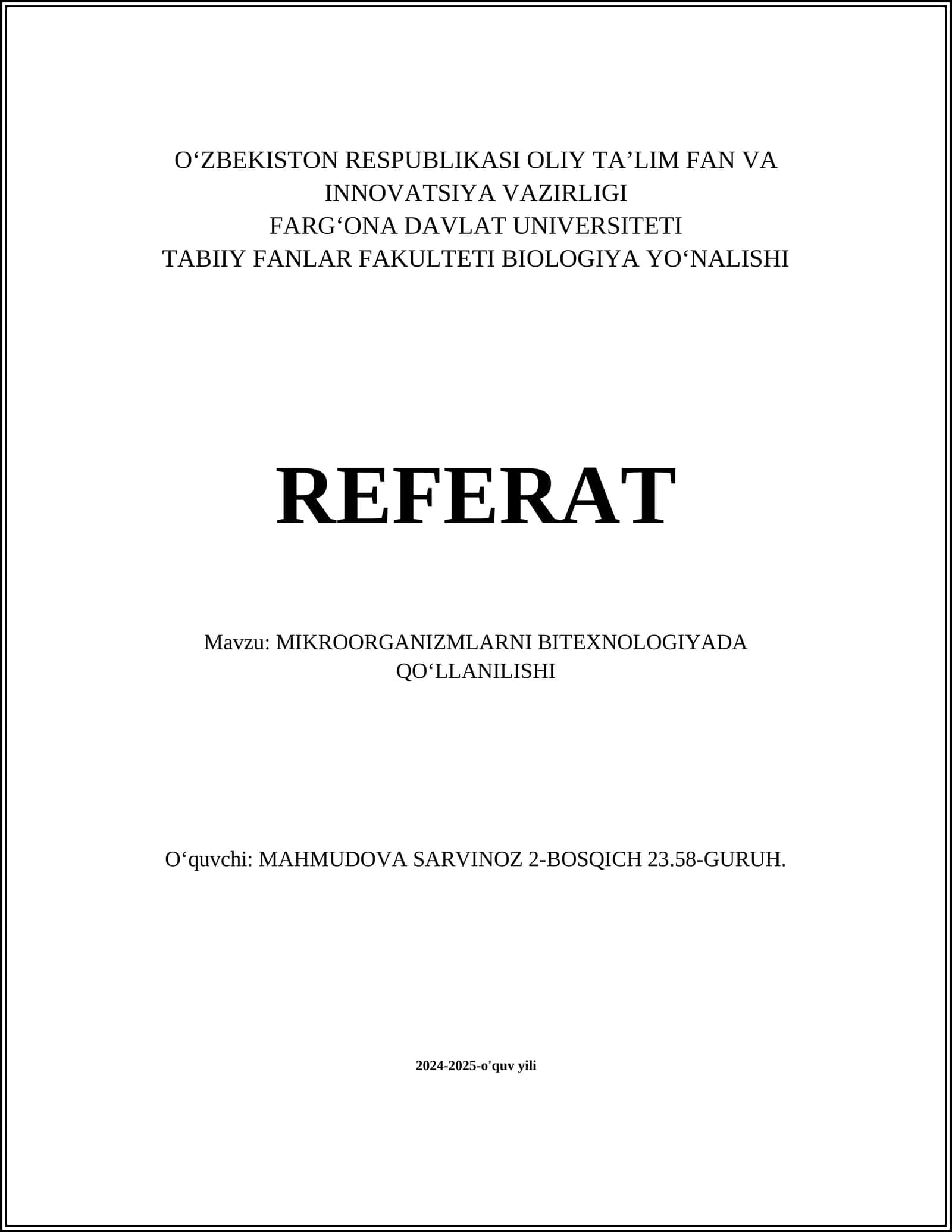 MIKROORGANIZMLARNI BITEXNOLOGIYADA QOʻLLANILISHI