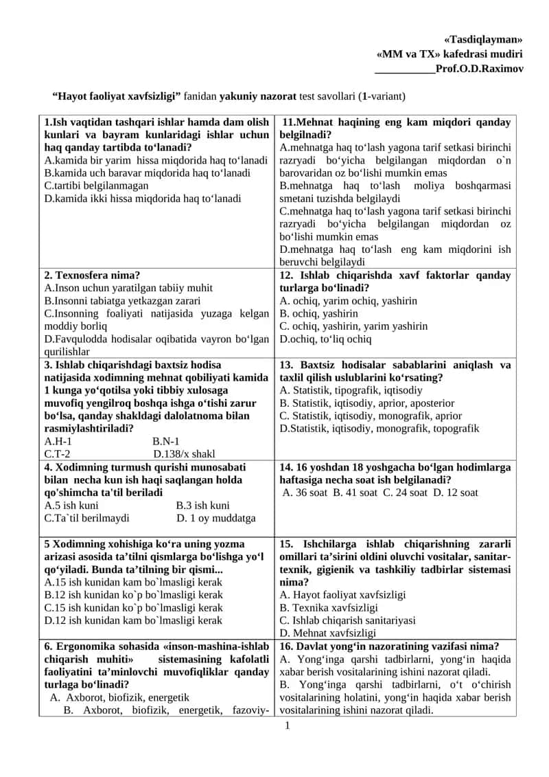 "Hayot faoliyat xavfsizligi" fanidan yakuniy nazorat test savollari