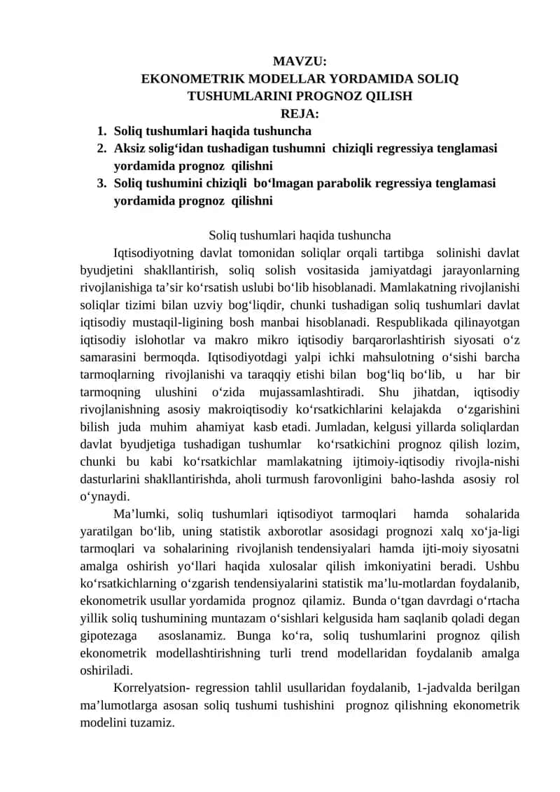 EKONOMETRIK MODELLAR YORDAMIDA SOLIQ TUSHUMLARINI PROGNOZ QILISH
