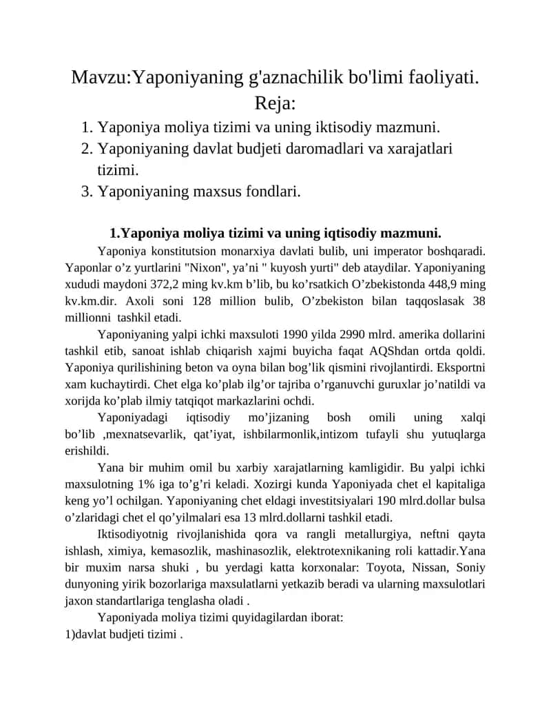 Yaponiyaning g'aznachilik bo'limi faoliyati