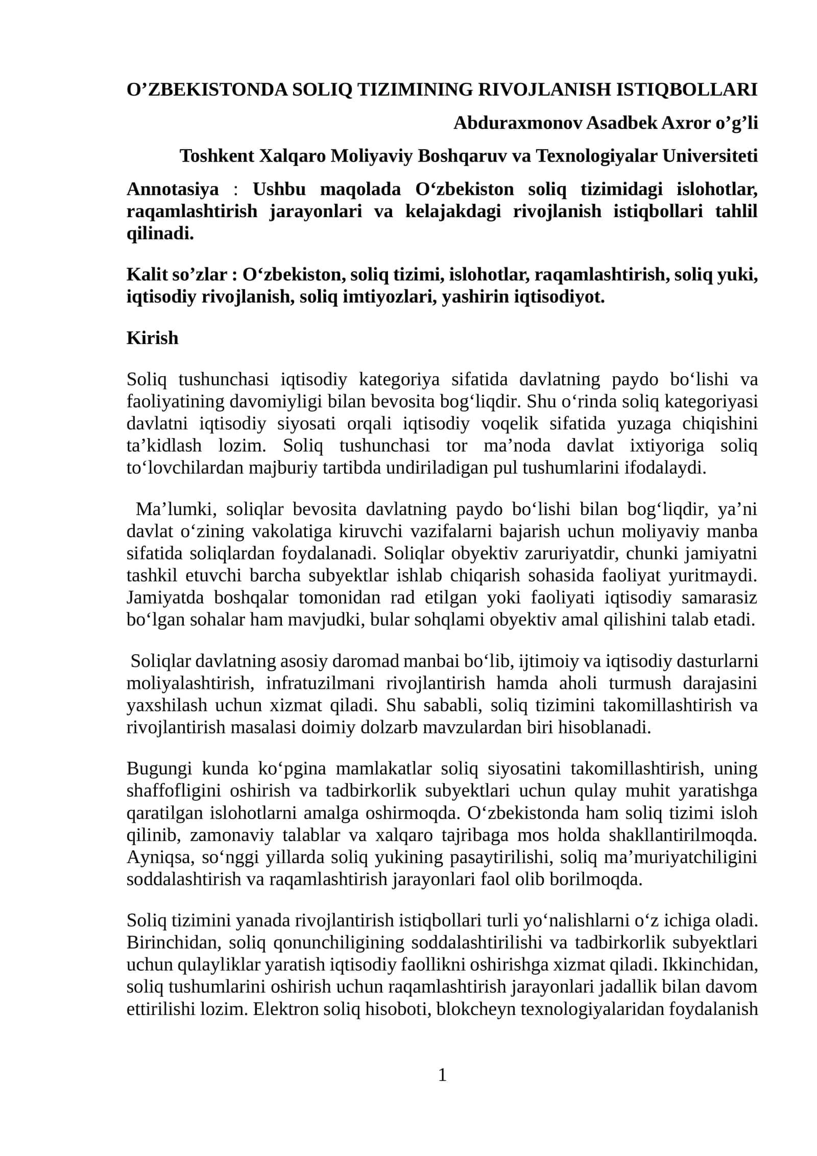 SOLIQ TIZIMINING RIVOJLANISH ISTIQBOLLARI