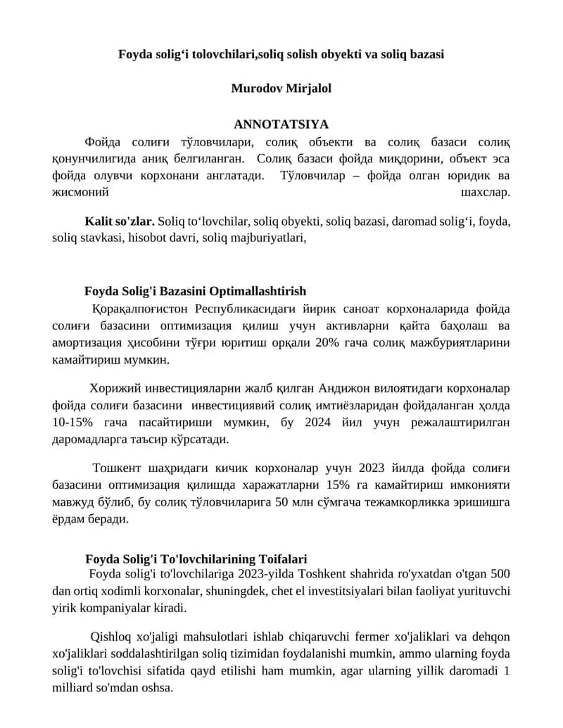 Фойда солиғи тўловчилари, солиқ объекти ва солиқ базаси