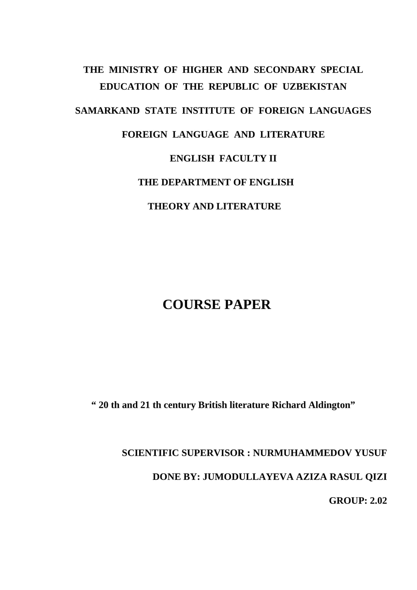 Course Paper “20th and 21st Century British Literature Richаrd Aldington”