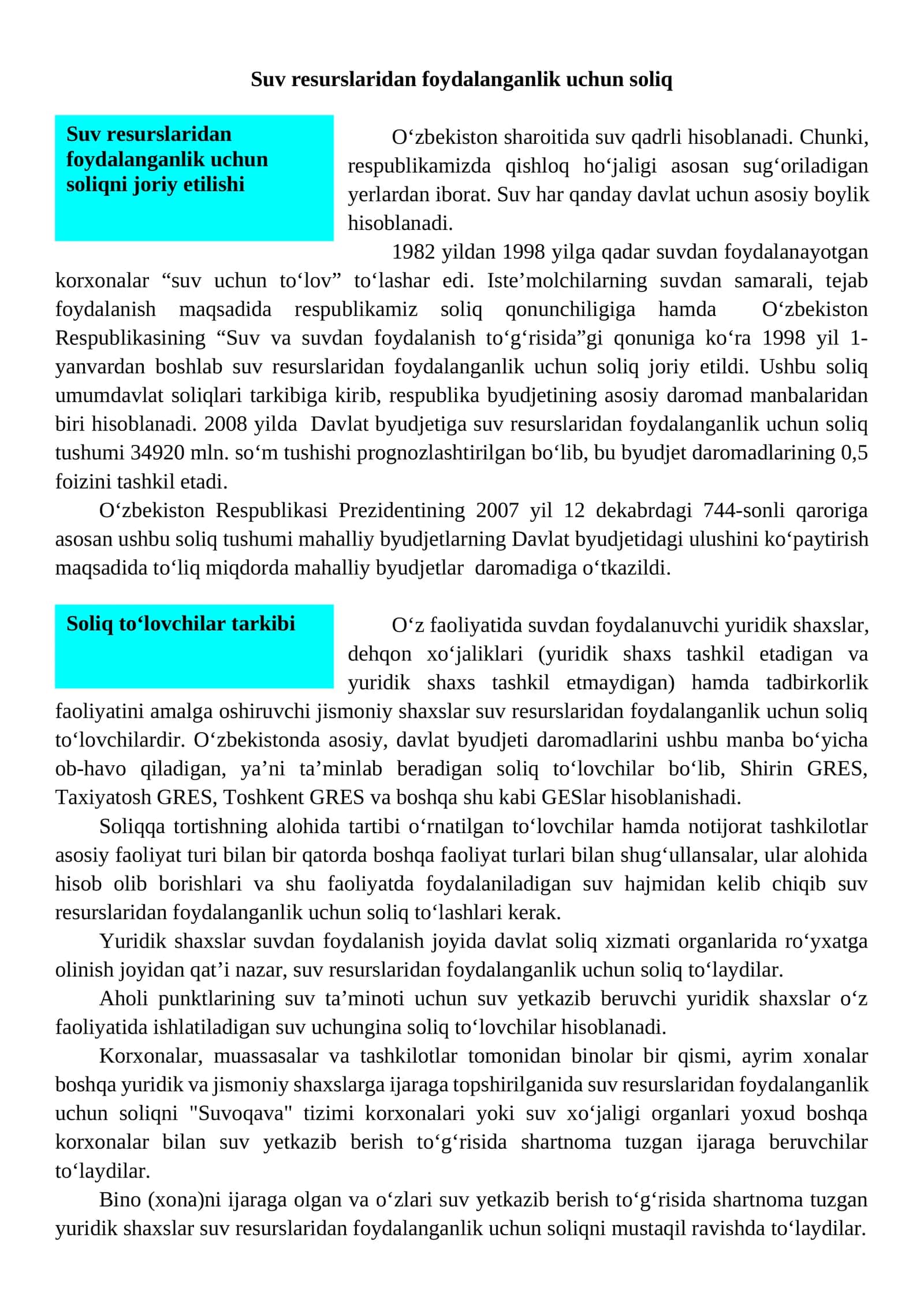 Suv resurslaridan foydalanganlik uchun soliq