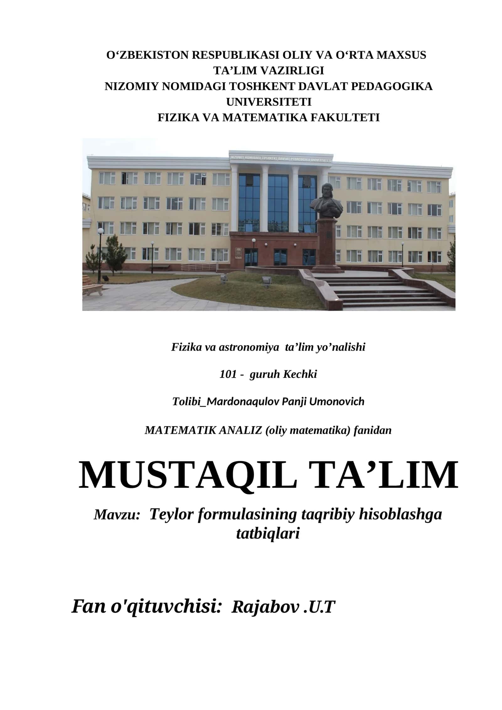 Teylor formulasining taqribiy hisoblashga tatbiqlari