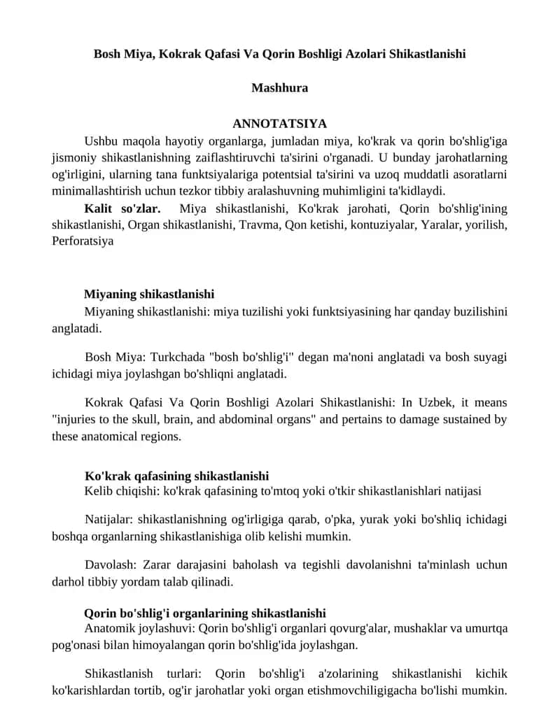 Bosh Miya, Kokrak Qafasi Va Qorin Boshligi Azolari Shikastlanishi