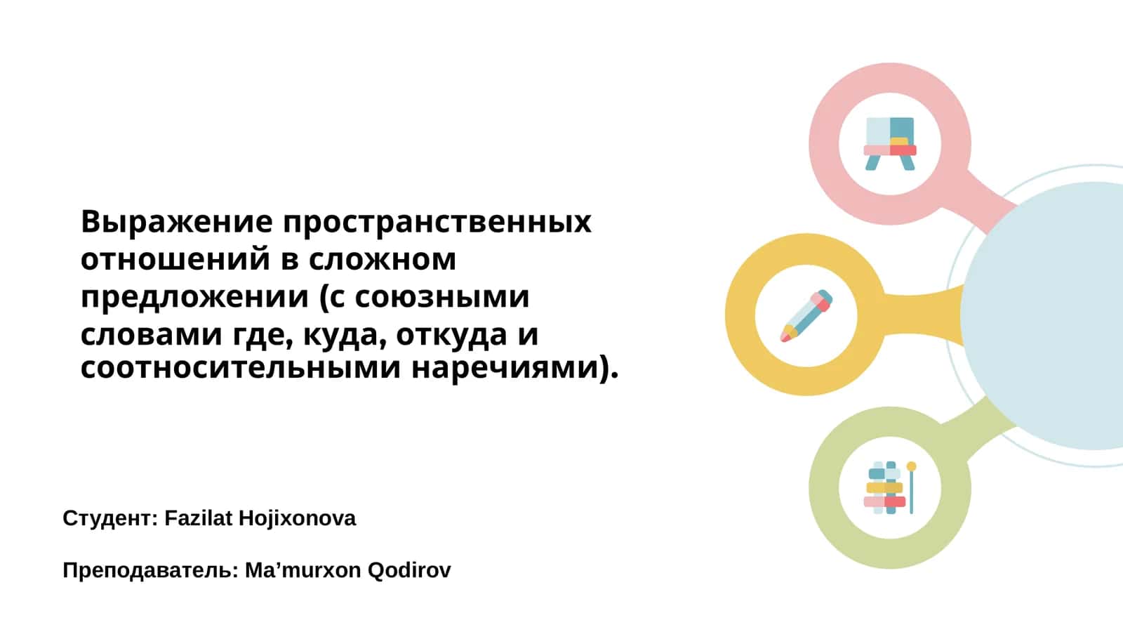 Выражение пространственных отношений в сложном предложении (с союзными словами где, куда, откуда и соотносительными наречиями)