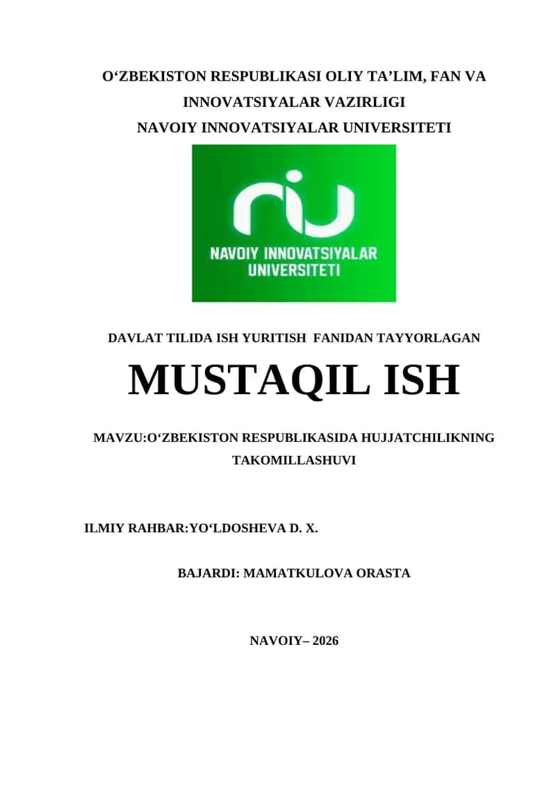 O‘ZBEKISTON RESPUBLIKASIDA HUJJATCHILIKNING TAKOMILLASHUVI