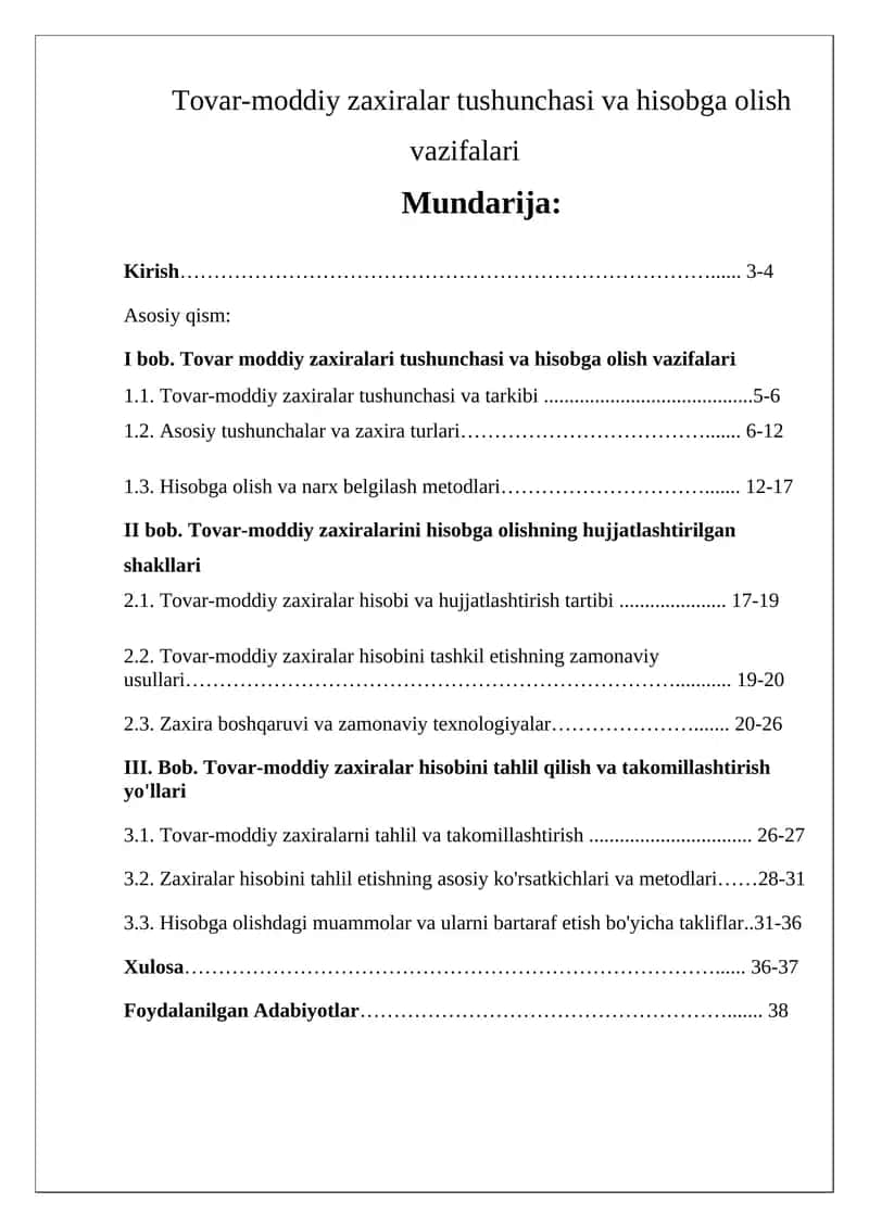 Tovar-moddiy zaxiralar tushunchasi va hisobga olish vazifalari