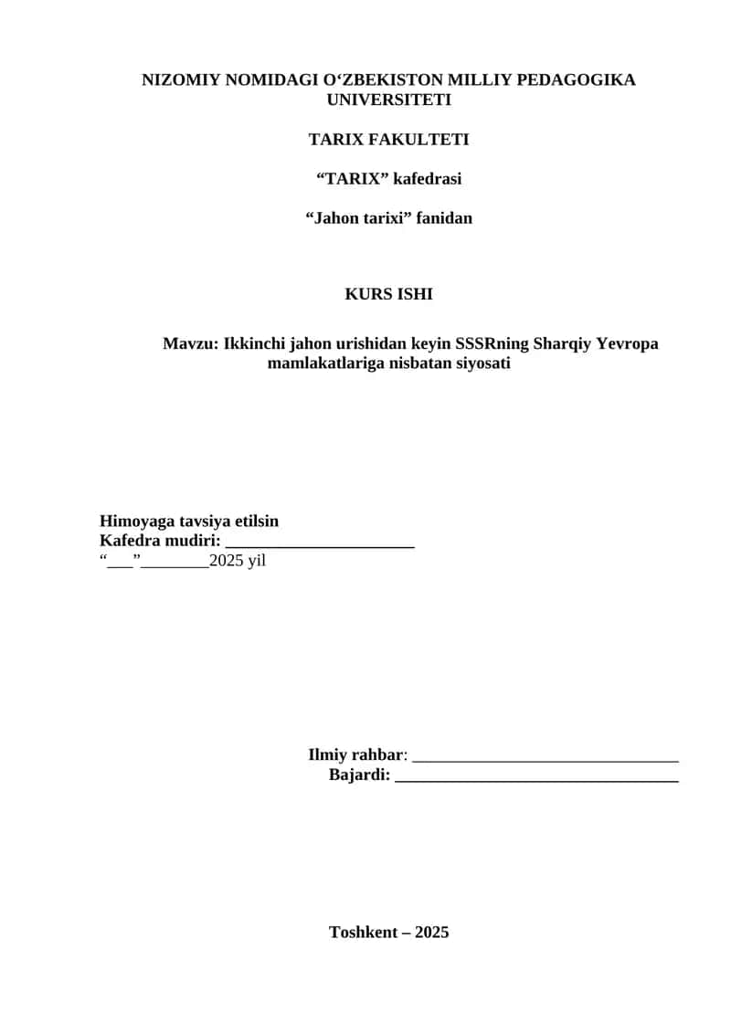 Ikkinchi jahon urishidan keyin SSSRning Sharqiy Yevropa mamlakatlariga nisbatan siyosati