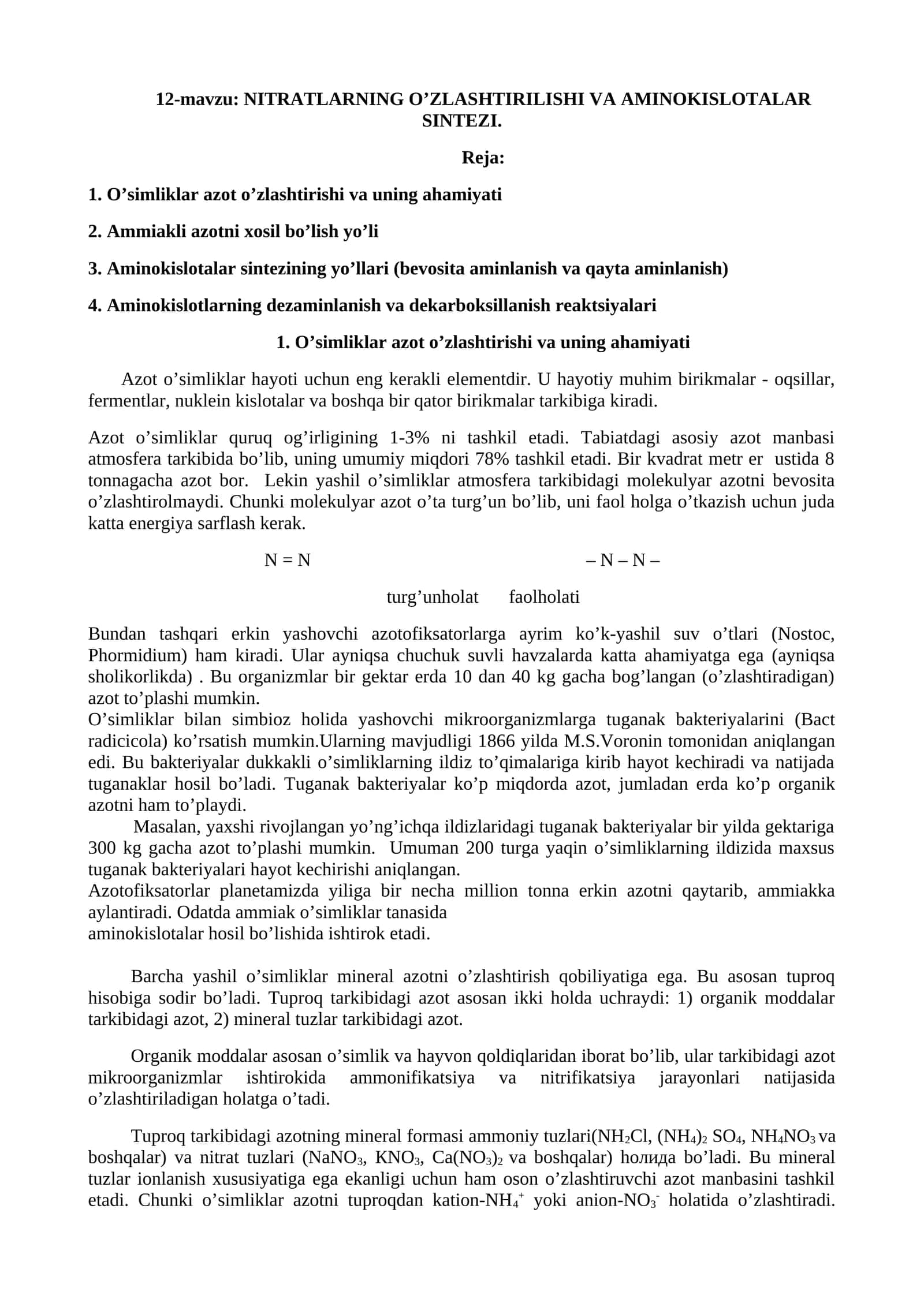 NITRATLARNING O’ZLASHTIRILISHI VA AMINOKISLOTALAR SINTЕZI
