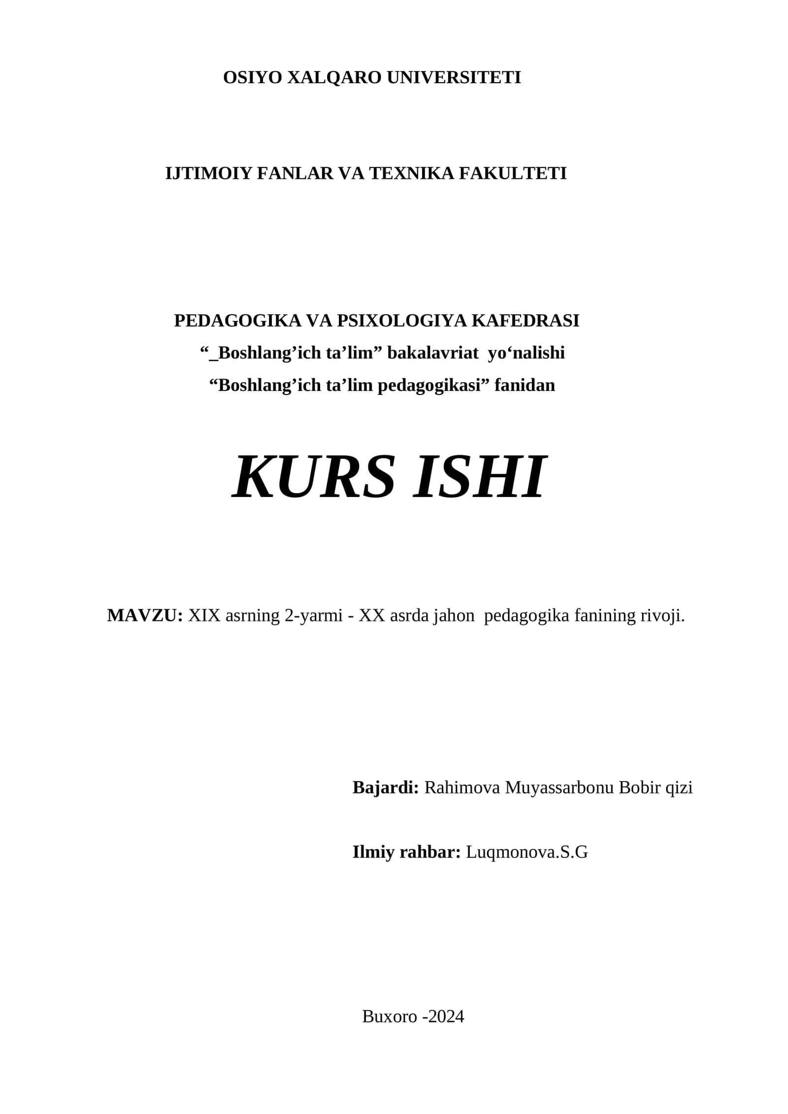 XIX asrning 2-yarmi - XX asrda jahon pedagogika fanining rivoji