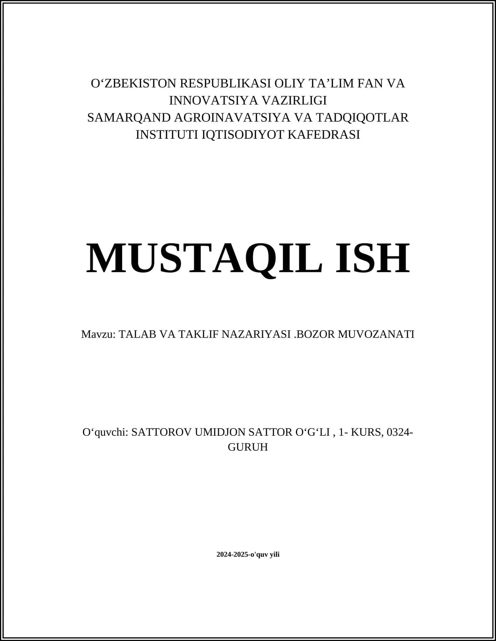 TALAB VA TAKLIF NAZARIYASI.BOZOR MUVOZANATI