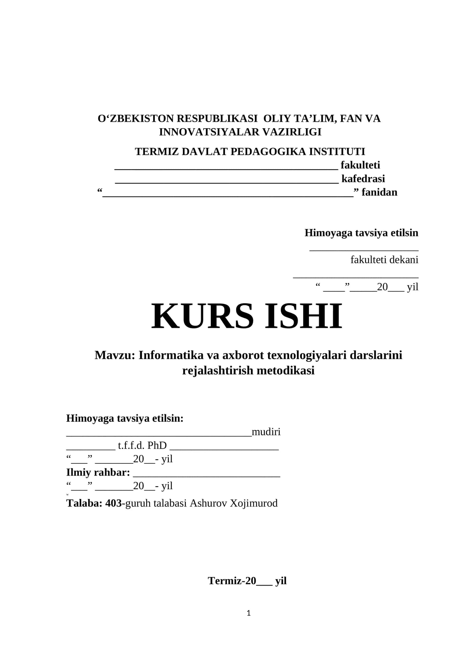 Informatika va axborot texnologiyalari darslarini rejalashtirish metodikasi