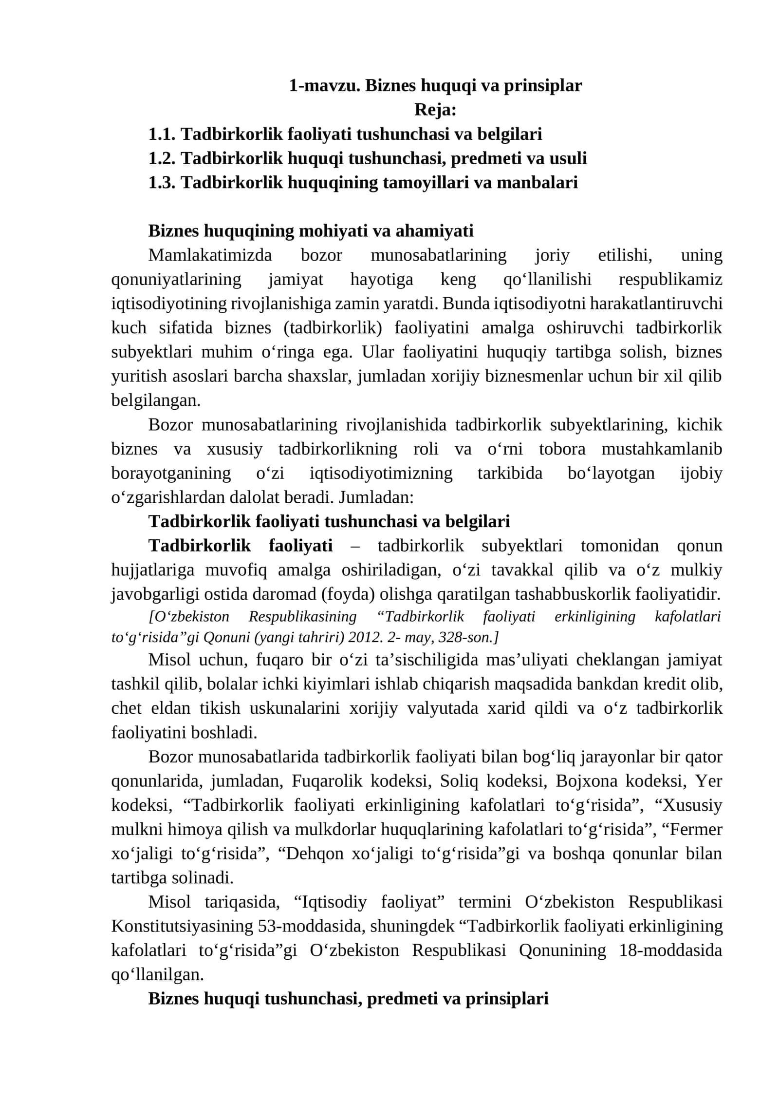 Biznes huquqi va prinsiplar