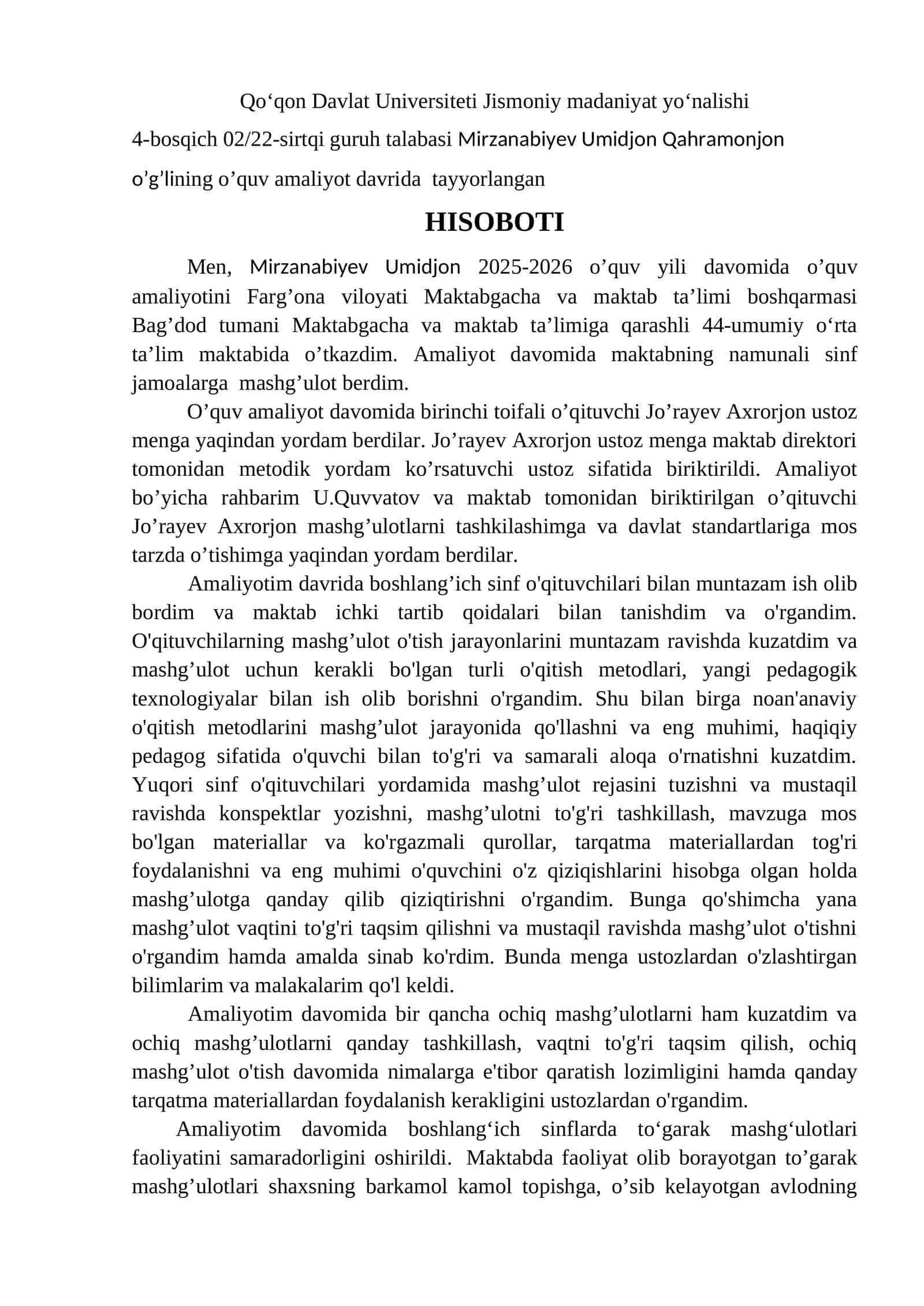 Qoʻqon Davlat Universiteti Jismoniy madaniyat yoʻnalishi