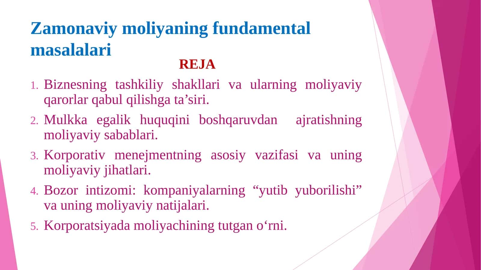 Zamonaviy moliyaning fundamental masalalari