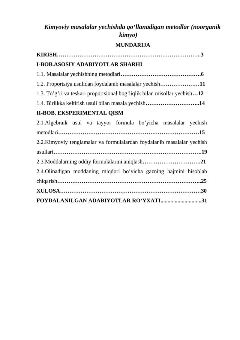 Kimyoviy masalalar yechishda qo‘llanadigan metodlar (noorganik kimyo)