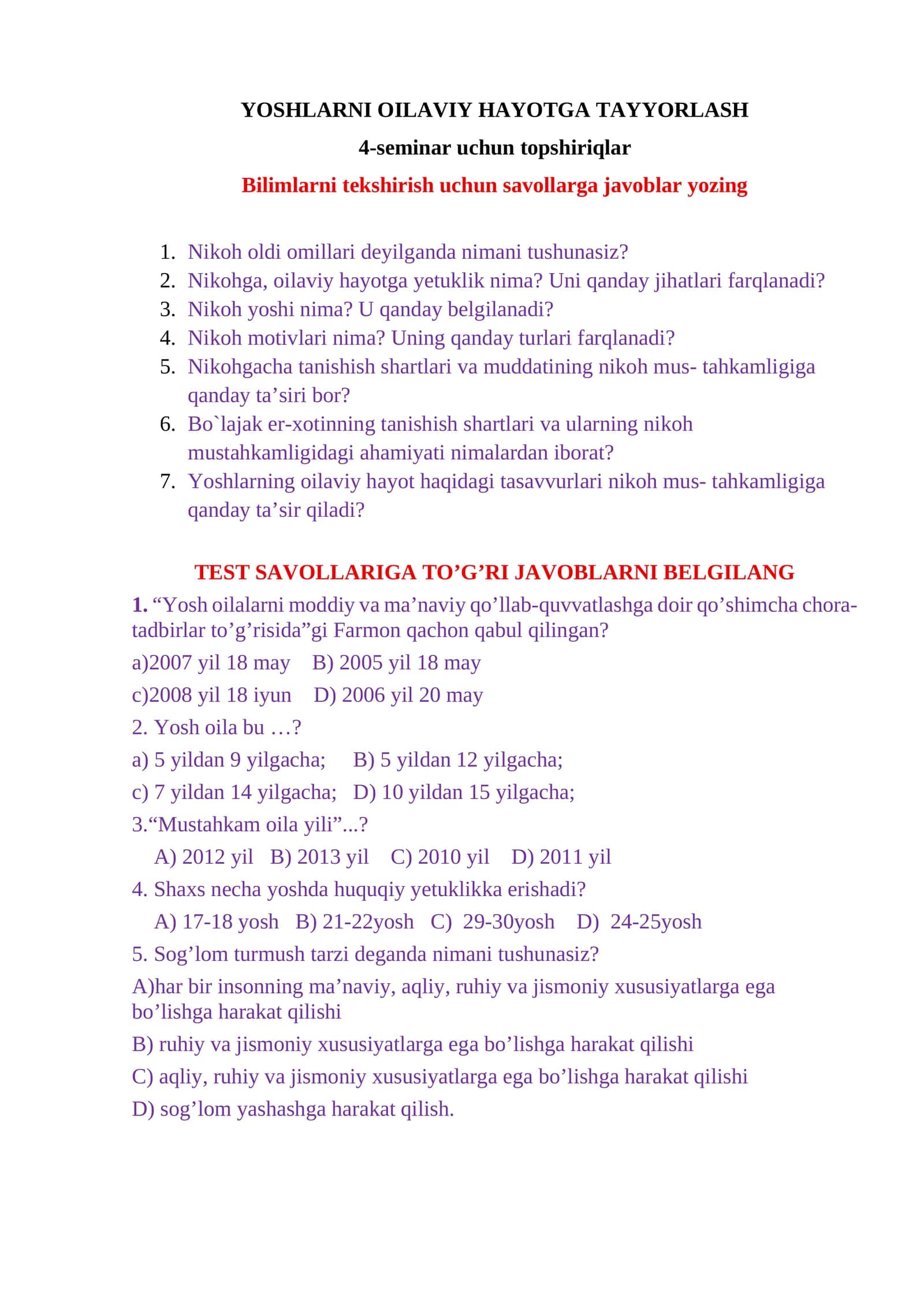 YOSHLARNI OILAVIY HAYOTGA TAYYORLASH