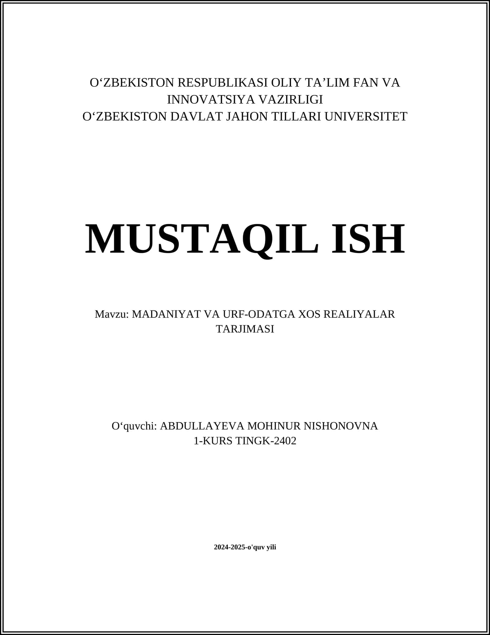 MADANIYAT VA URF-ODATGA XOS REALIYALAR TARJIMASI