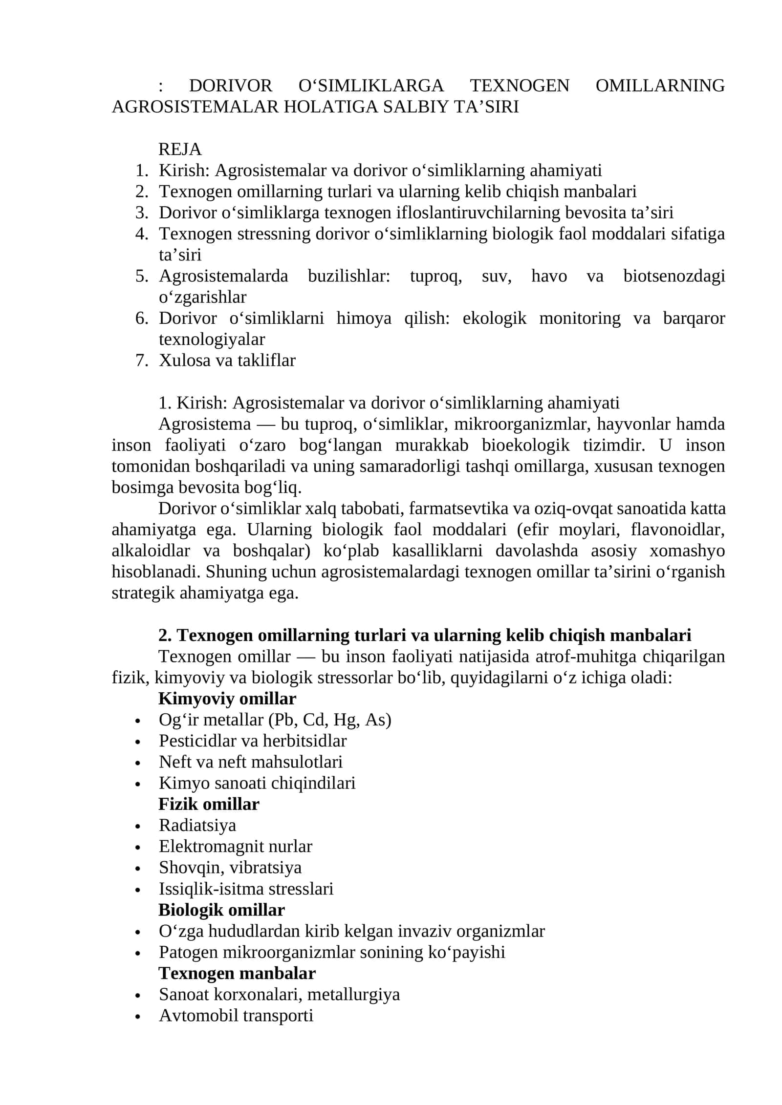 DORIVOR O‘SIMLIKLARGA TEXNOGEN OMILLARNING AGROSISTEMALAR HOLATIGA SALBIY TA’SIRI