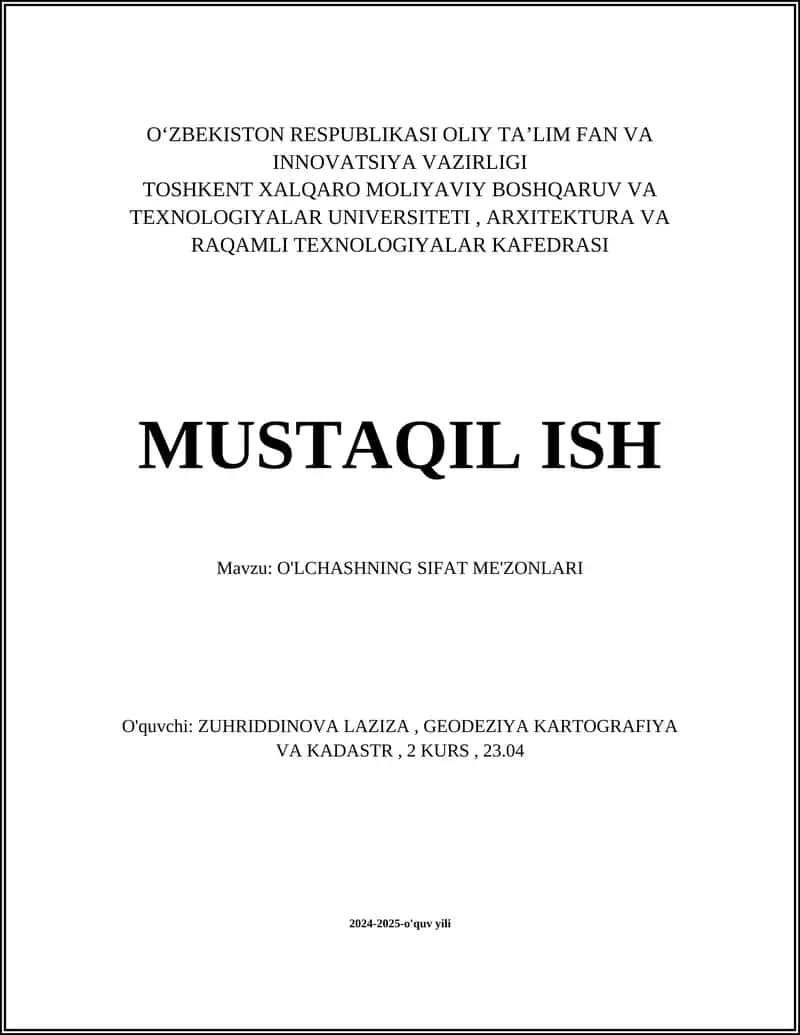 O'LCHASHNING SIFAT ME'ZONLARI