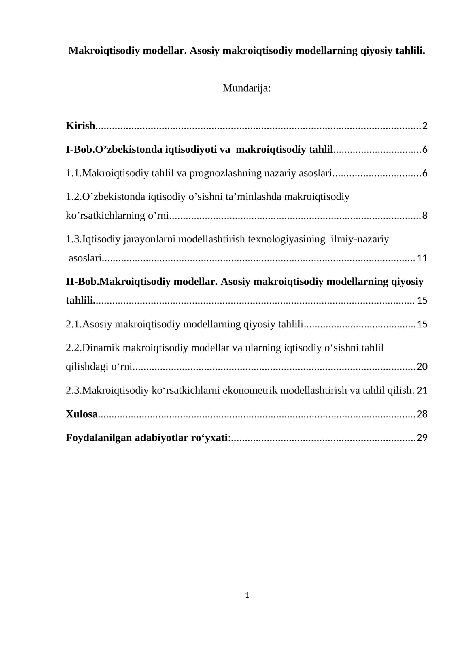 Makroiqtisodiy modellar. Asosiy makroiqtisodiy modellarning qiyosiy tahlili